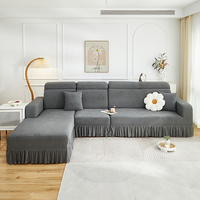 千彤沙发垫  2025新款防滑防尘优雅百褶裙边全包款沙发笠沙发套罩--三叶草系列 深灰