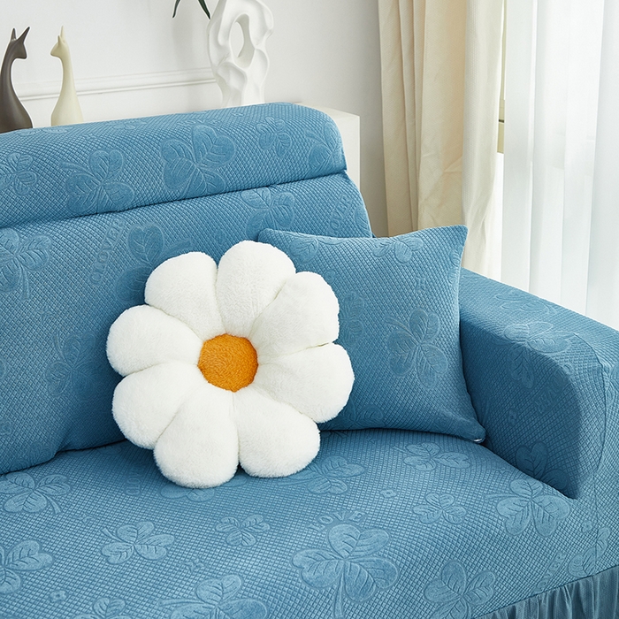 91家纺网 家纺一手货源 找家纺 千彤沙发垫  2025新款防滑防尘优雅百褶裙边全包款沙发笠沙发套罩--三叶草系列 水蓝