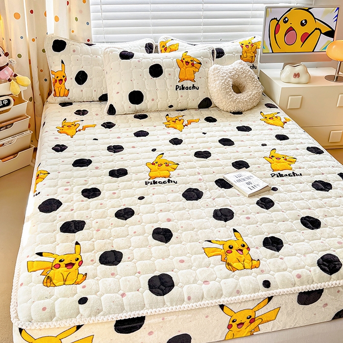 91家纺网 家纺一手货源 找家纺 徕米家居 2025新款牛奶绒加棉床笠单品床笠单件单床笠 波点皮卡丘