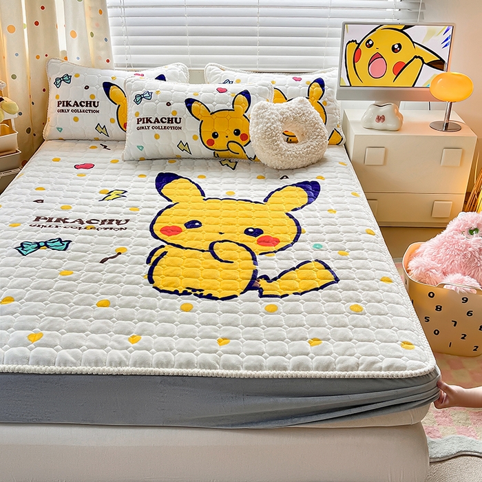 91家纺网 家纺一手货源 找家纺 徕米家居 2025新款牛奶绒加棉床笠单品床笠单件单床笠 Q版皮卡丘