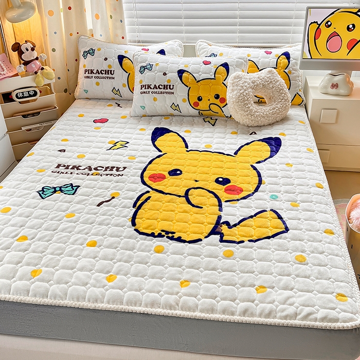 91家纺网 家纺一手货源 找家纺 徕米家居 2025新款牛奶绒加棉床笠单品床笠单件单床笠 Q版皮卡丘