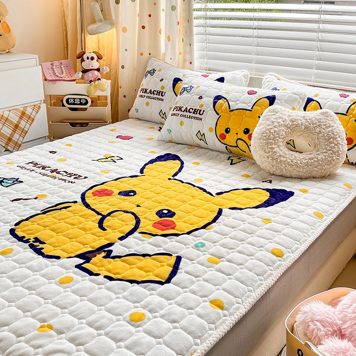 91家纺网 家纺一手货源 找家纺 徕米家居 2025新款牛奶绒加棉床笠单品床笠单件单床笠 Q版皮卡丘