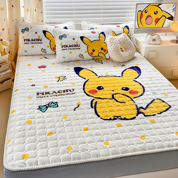 91家纺网 家纺一手货源 找家纺 徕米家居 2025新款牛奶绒加棉床笠单品床笠单件单床笠 Q版皮卡丘