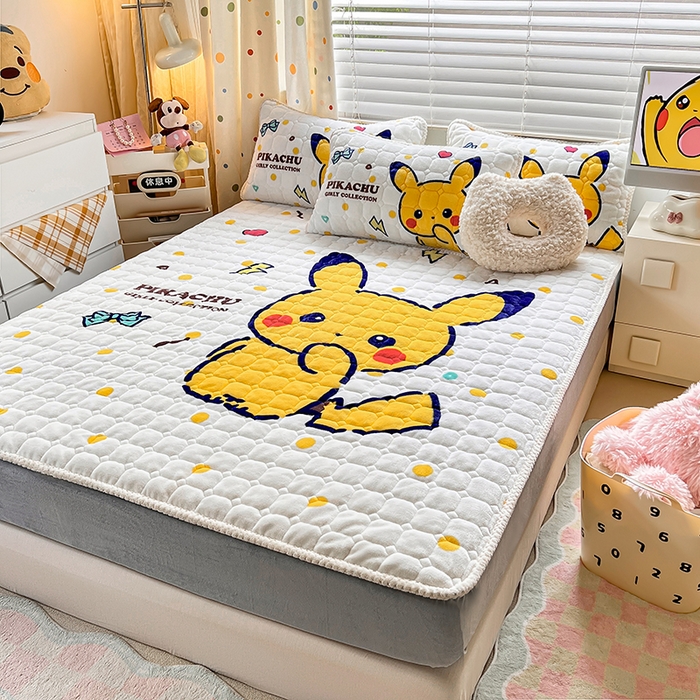 91家纺网 家纺一手货源 找家纺 徕米家居 2025新款牛奶绒加棉床笠单品床笠单件单床笠 Q版皮卡丘