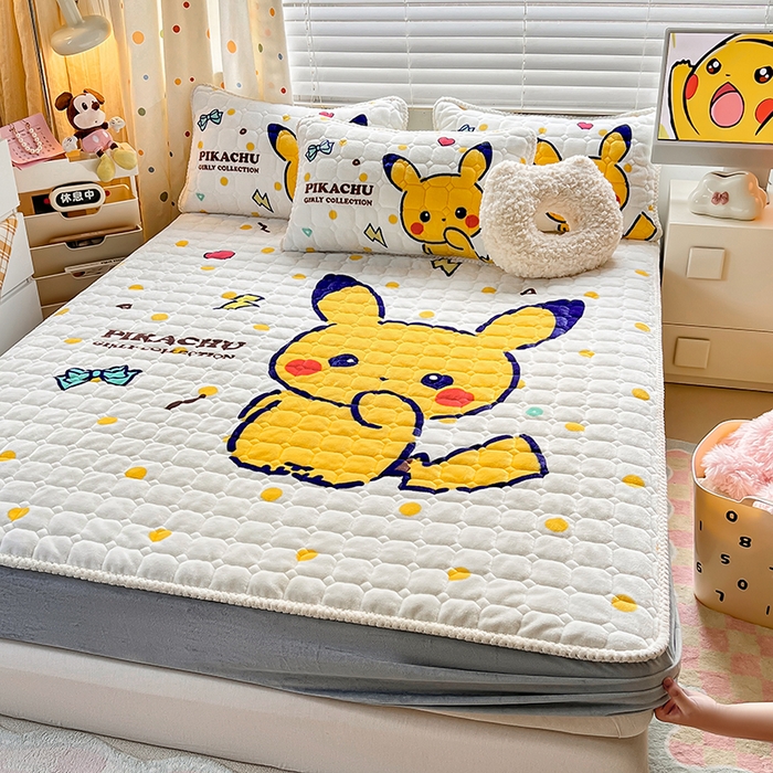 91家纺网 家纺一手货源 找家纺 徕米家居 2025新款牛奶绒加棉床笠单品床笠单件单床笠 Q版皮卡丘