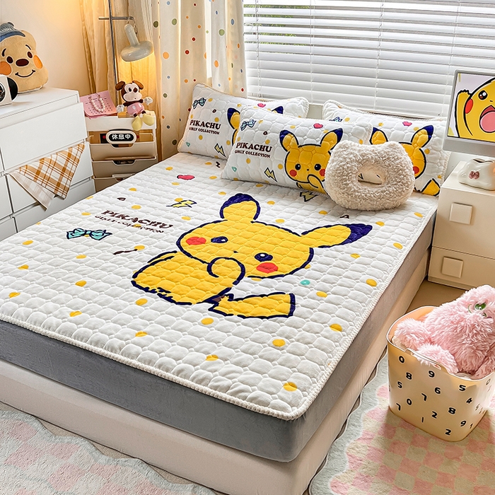 91家纺网 家纺一手货源 找家纺 徕米家居 2025新款牛奶绒加棉床笠单品床笠单件单床笠 Q版皮卡丘