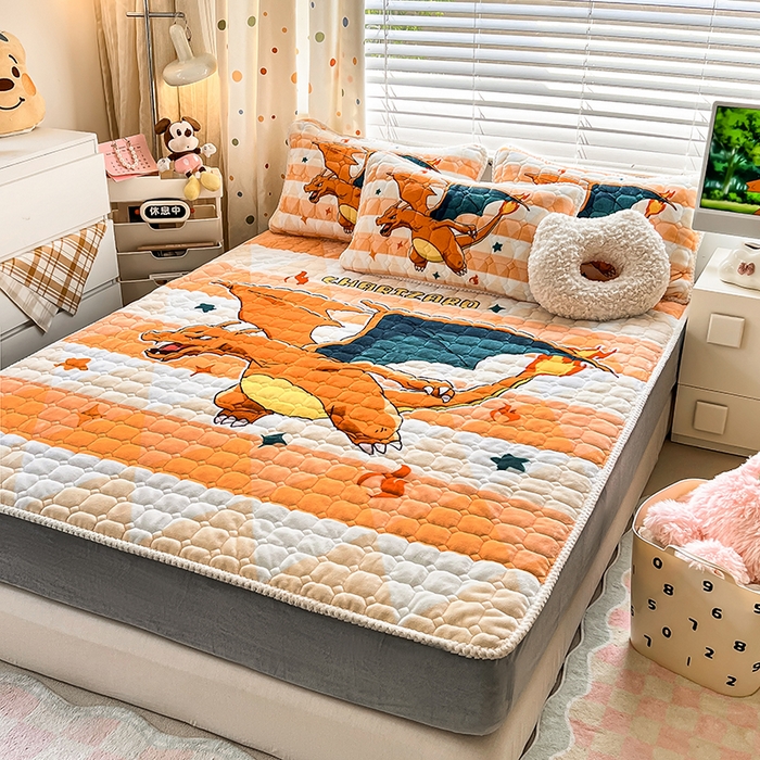 91家纺网 家纺一手货源 找家纺 徕米家居 2025新款牛奶绒加棉床笠单品床笠单件单床笠 大版喷火龙