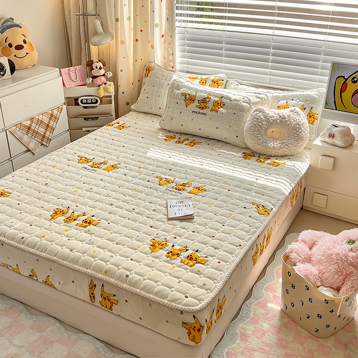 91家纺网 家纺一手货源 找家纺 徕米家居 2025新款牛奶绒加棉床笠单品床笠单件单床笠 皮卡丘伙伴