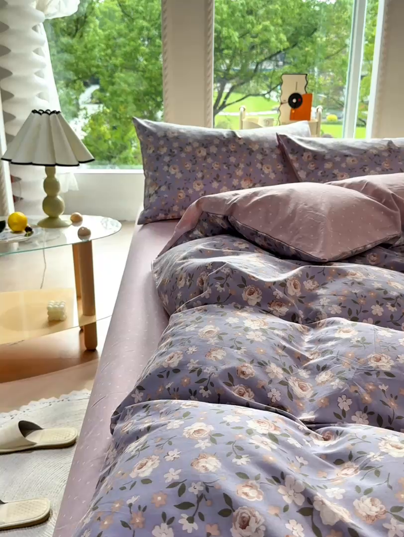 91家纺网 家纺一手货源 找家纺 缦纱 2025新款全棉纯棉小清新喷气13372印花40支纯棉四件套 花清梦