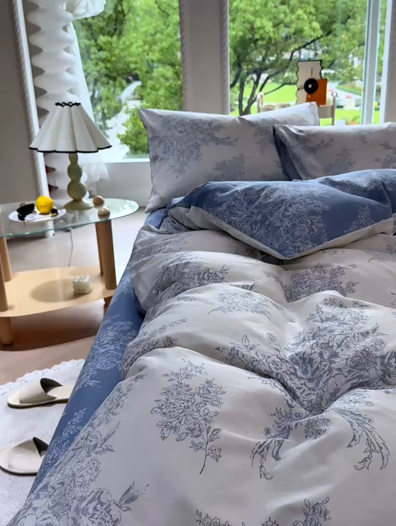 91家纺网 家纺一手货源 找家纺 缦纱 2025新款全棉纯棉小清新喷气13372印花40支纯棉四件套 花影