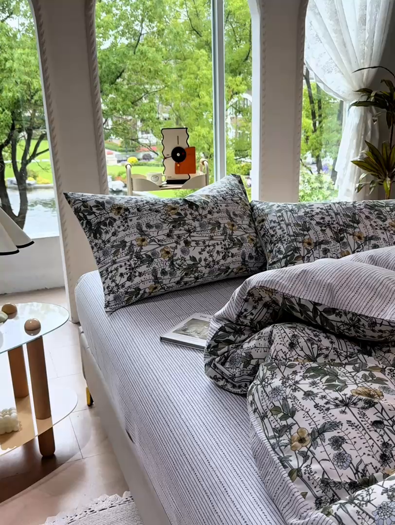 91家纺网 家纺一手货源 找家纺 缦纱 2025新款全棉纯棉小清新喷气13372印花40支纯棉四件套 锦瑟-绿