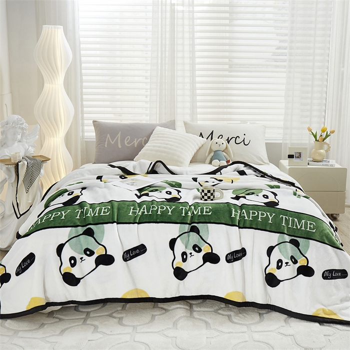 91家纺网 家纺一手货源 找家纺 悦织湾家纺 2025新款仿兔毛绒托斯仿兔毛绒毛毯纯色印花牛奶绒休闲盖毯午睡小毯子 竹子熊猫