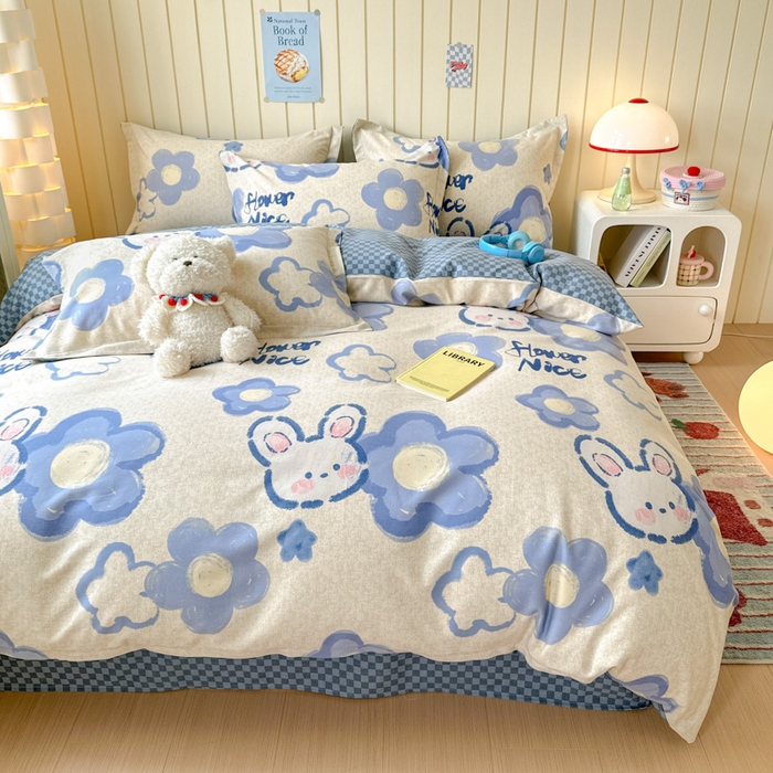 91家纺网 家纺一手货源 找家纺 典曼家纺 2025新款原棉加厚磨毛印花四件套 布鲁兔