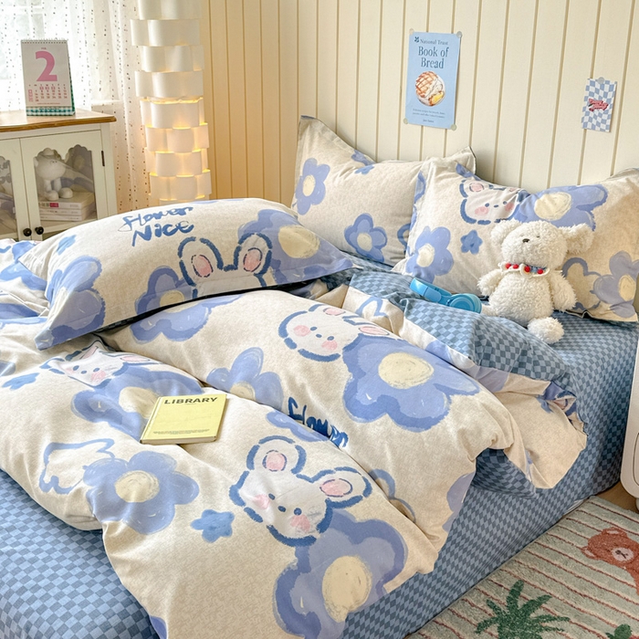 91家纺网 家纺一手货源 找家纺 典曼家纺 2025新款原棉加厚磨毛印花四件套 布鲁兔