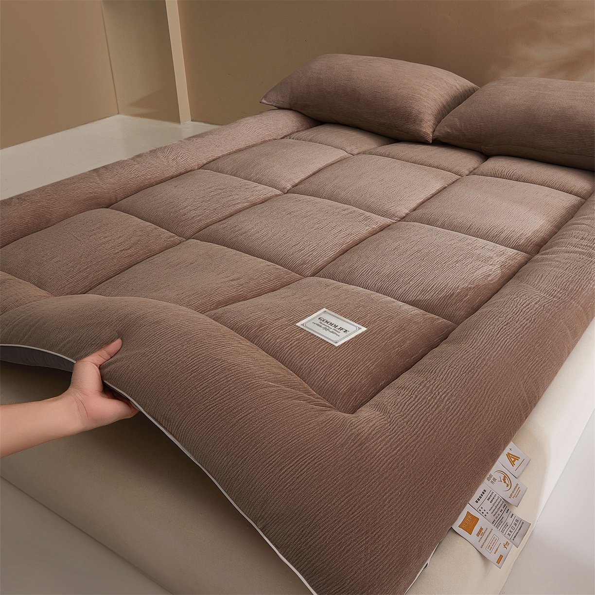 雯豆家纺 2025新款皱皱绒加厚款床垫床护垫保暖床褥子 皱皱绒床褥-摩卡棕