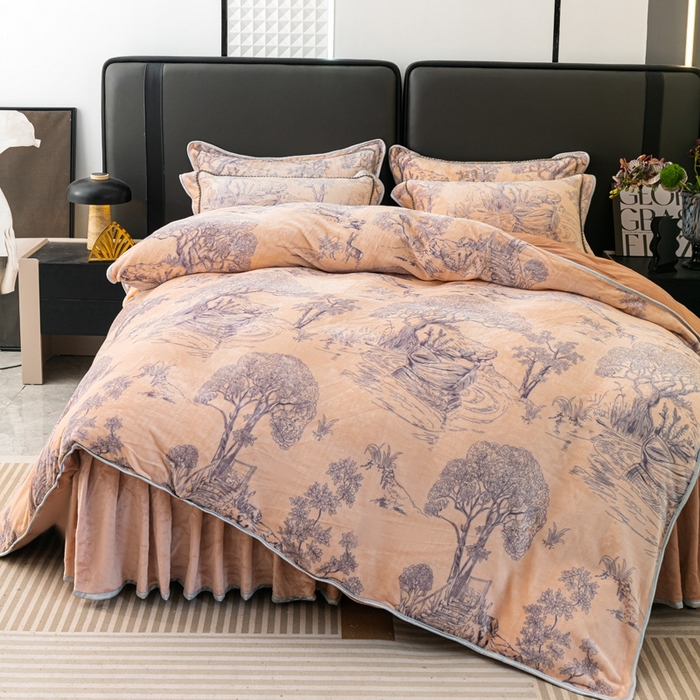 91家纺网 家纺一手货源 找家纺 栩裕 2025新款7斤重牛奶金貂绒印花牛奶绒四件套 爱在深秋