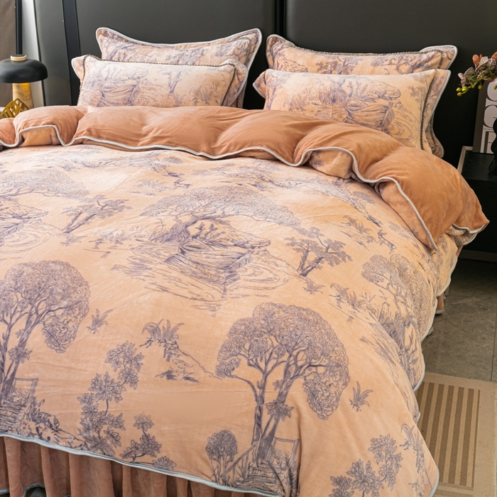 91家纺网 家纺一手货源 找家纺 栩裕 2025新款7斤重牛奶金貂绒印花牛奶绒四件套 爱在深秋