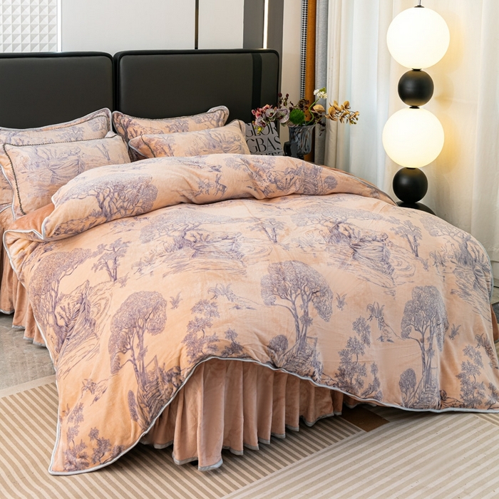 91家纺网 家纺一手货源 找家纺 栩裕 2025新款7斤重牛奶金貂绒印花牛奶绒四件套 爱在深秋