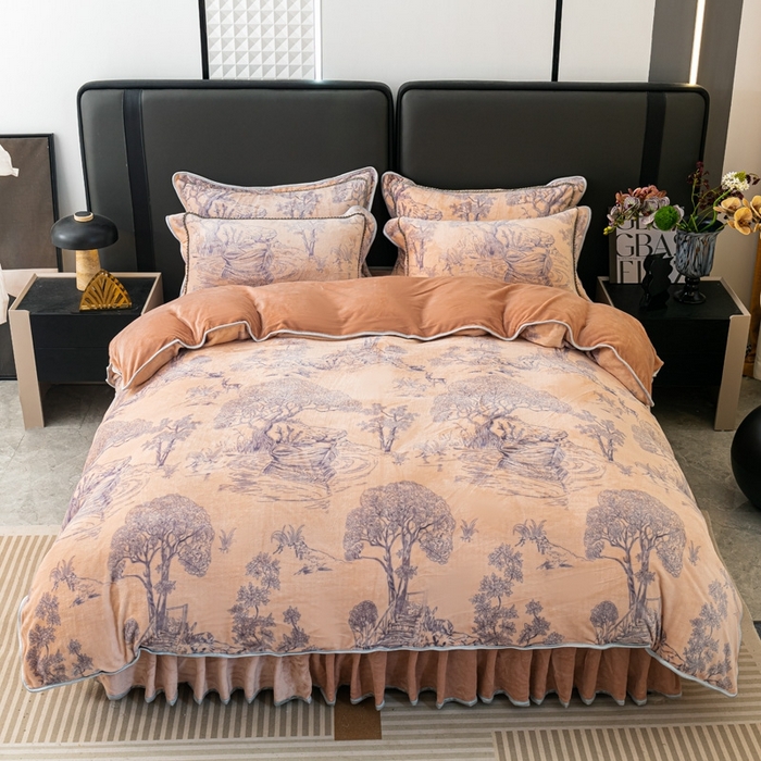 91家纺网 家纺一手货源 找家纺 栩裕 2025新款7斤重牛奶金貂绒印花牛奶绒四件套 爱在深秋