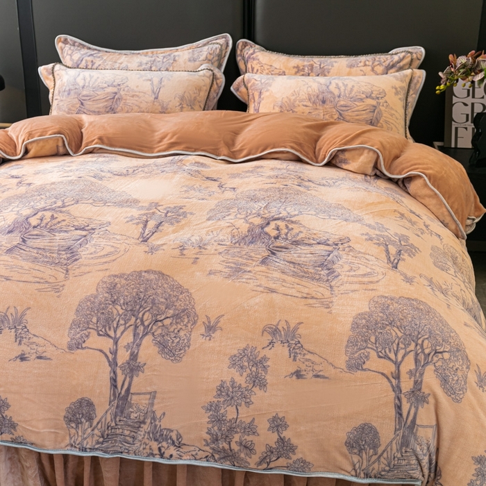 91家纺网 家纺一手货源 找家纺 栩裕 2025新款7斤重牛奶金貂绒印花牛奶绒四件套 爱在深秋