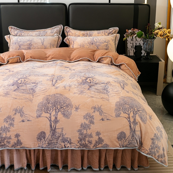 91家纺网 家纺一手货源 找家纺 栩裕 2025新款7斤重牛奶金貂绒印花牛奶绒四件套 爱在深秋