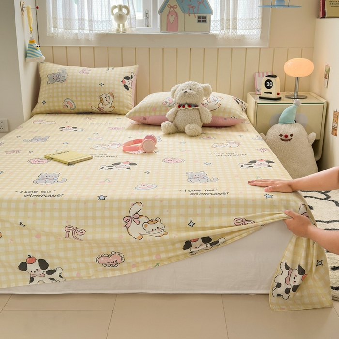 91家纺网 家纺一手货源 找家纺 典曼家纺 2025新款40支学生季卡通印花床单单床单床单单件 格子猫