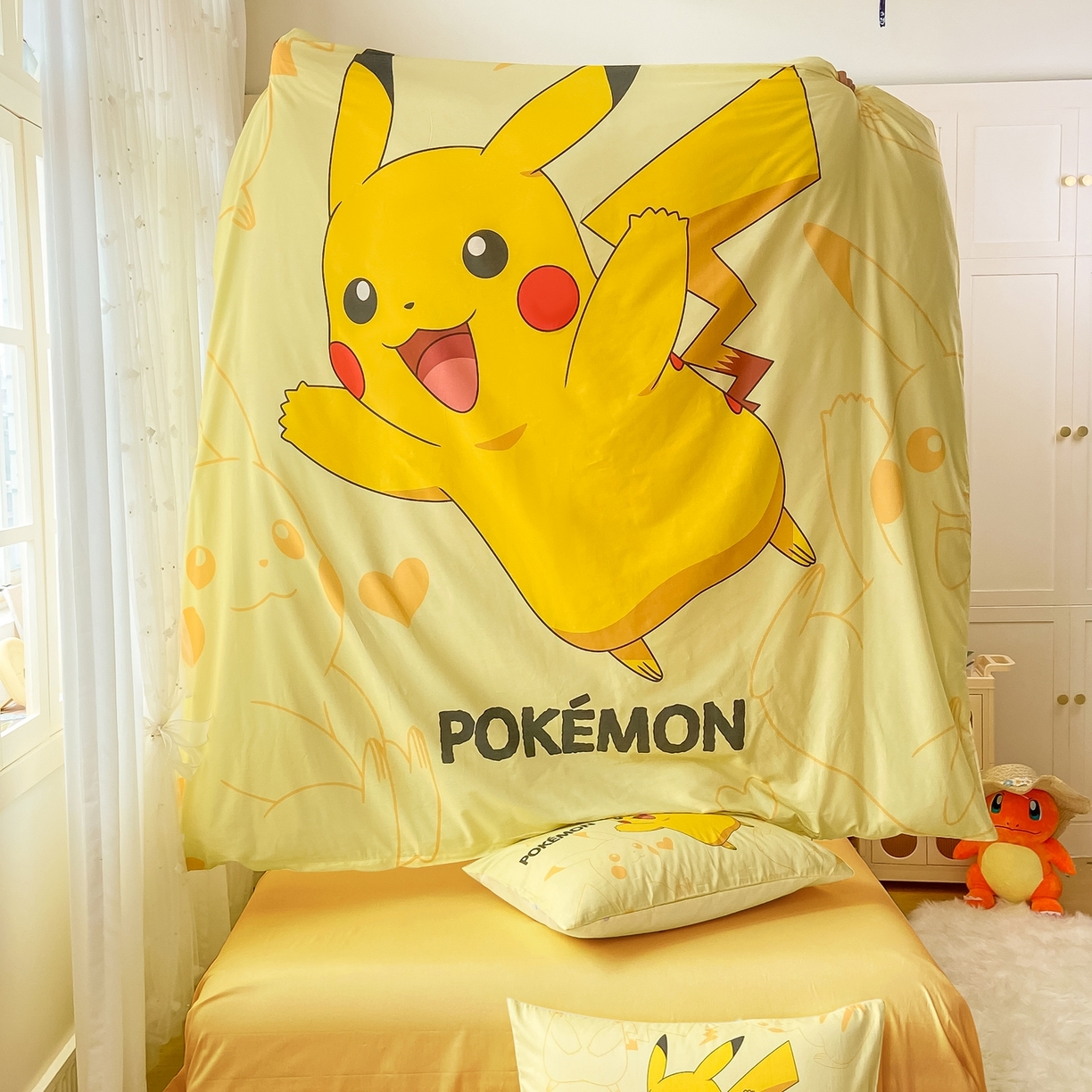 91家纺网 家纺一手货源 找家纺 博雅 2025新款宝可梦皮卡丘成人床正版授权全棉四件套 开心皮卡丘