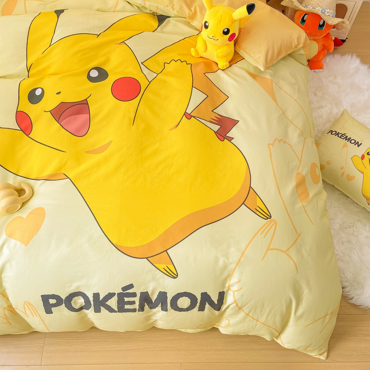 91家纺网 家纺一手货源 找家纺 博雅 2025新款宝可梦皮卡丘成人床正版授权全棉四件套 开心皮卡丘