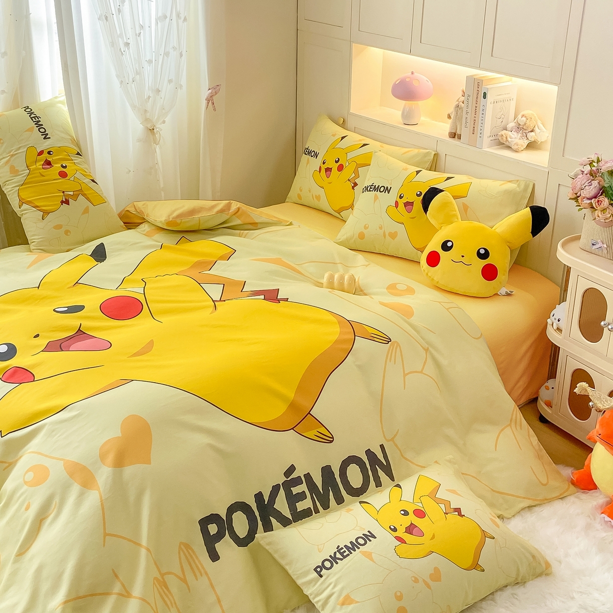 91家纺网 家纺一手货源 找家纺 博雅 2025新款宝可梦皮卡丘成人床正版授权全棉四件套 开心皮卡丘
