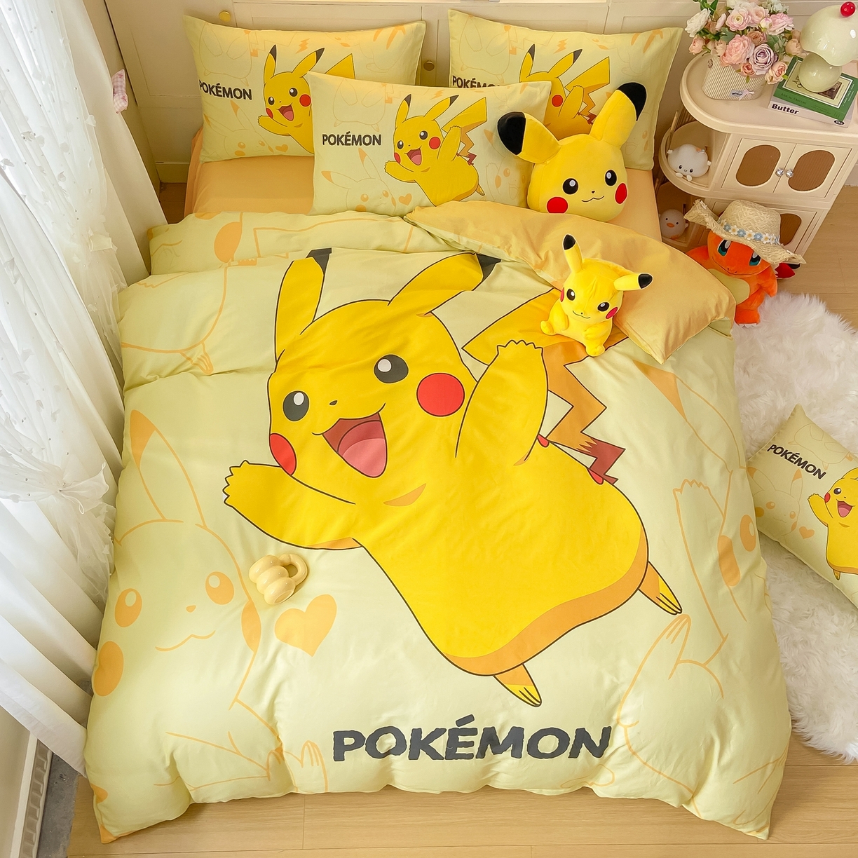 91家纺网 家纺一手货源 找家纺 博雅 2025新款宝可梦皮卡丘成人床正版授权全棉四件套 开心皮卡丘