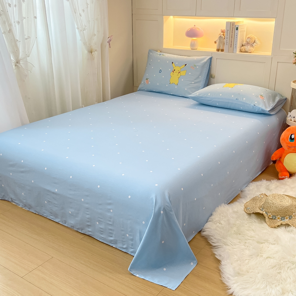 91家纺网 家纺一手货源 找家纺 博雅 2025新款宝可梦皮卡丘成人床正版授权全棉四件套 蓝色点点皮卡丘