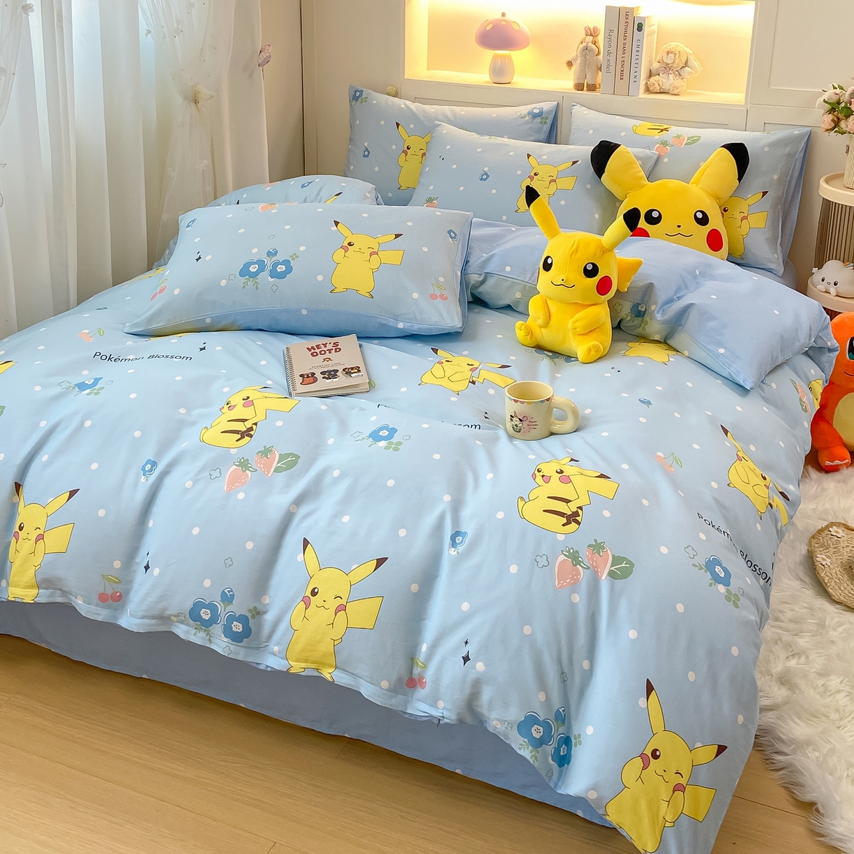 91家纺网 家纺一手货源 找家纺 博雅 2025新款宝可梦皮卡丘成人床正版授权全棉四件套 蓝色点点皮卡丘