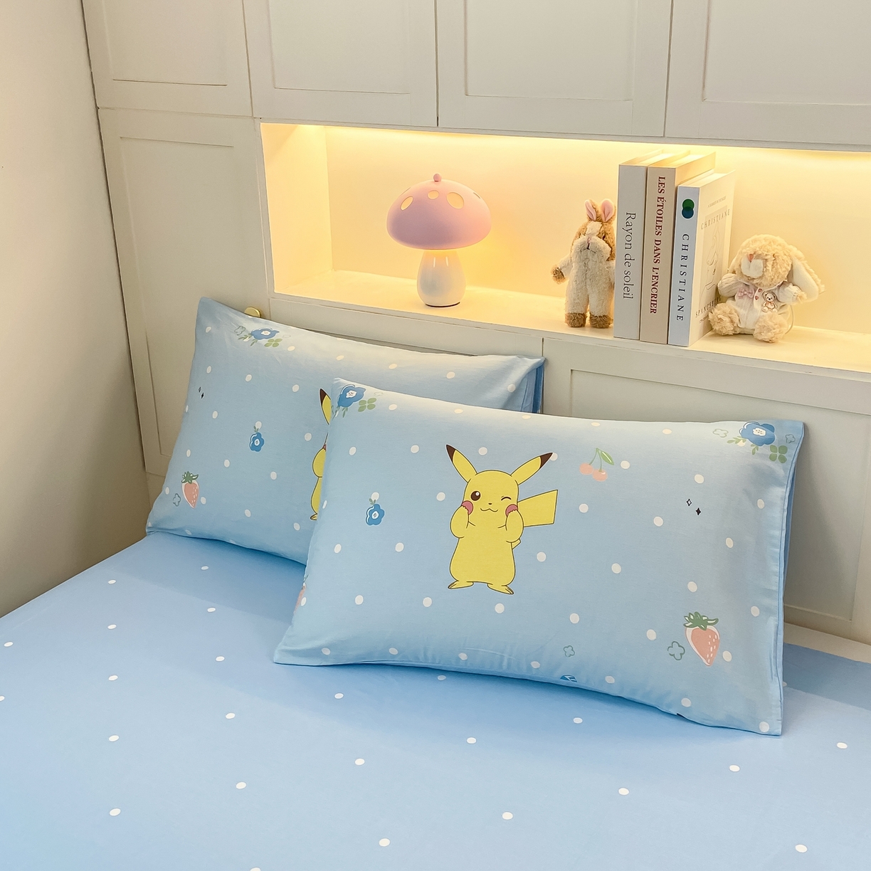 91家纺网 家纺一手货源 找家纺 博雅 2025新款宝可梦皮卡丘成人床正版授权全棉四件套 蓝色点点皮卡丘