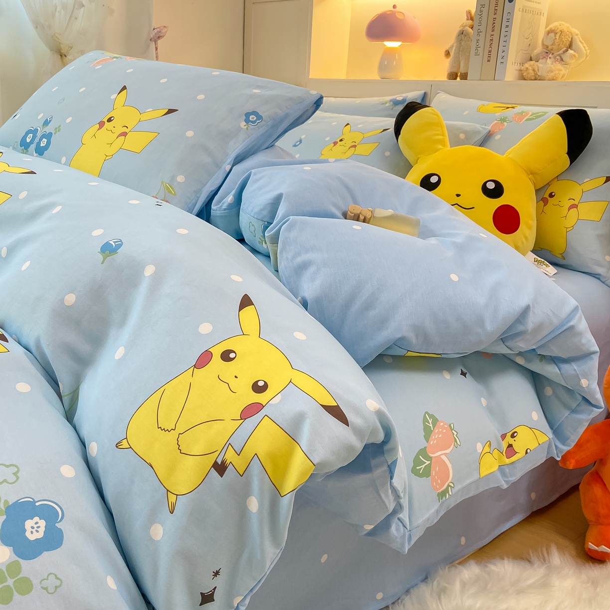91家纺网 家纺一手货源 找家纺 博雅 2025新款宝可梦皮卡丘成人床正版授权全棉四件套 蓝色点点皮卡丘