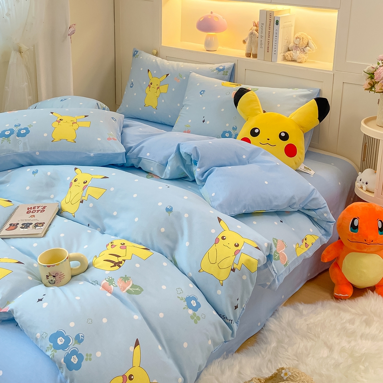 91家纺网 家纺一手货源 找家纺 博雅 2025新款宝可梦皮卡丘成人床正版授权全棉四件套 蓝色点点皮卡丘