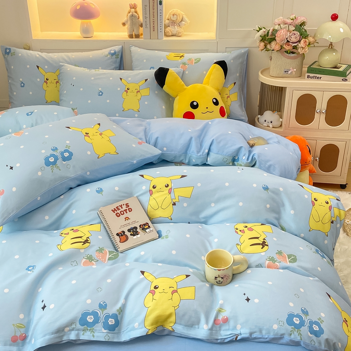 91家纺网 家纺一手货源 找家纺 博雅 2025新款宝可梦皮卡丘成人床正版授权全棉四件套 蓝色点点皮卡丘