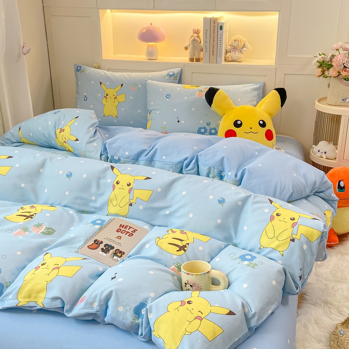 91家纺网 家纺一手货源 找家纺 博雅 2025新款宝可梦皮卡丘成人床正版授权全棉四件套 蓝色点点皮卡丘
