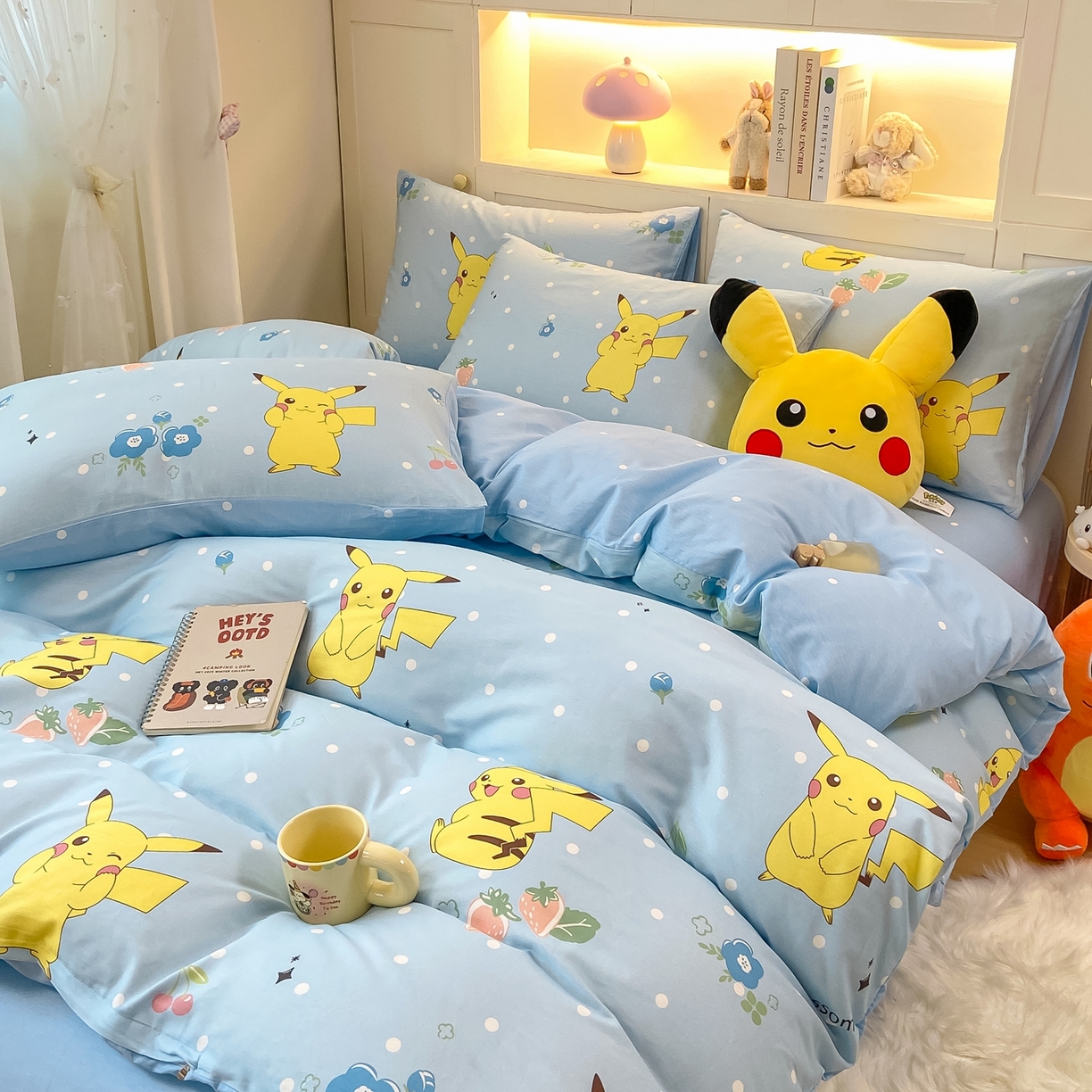 91家纺网 家纺一手货源 找家纺 博雅 2025新款宝可梦皮卡丘成人床正版授权全棉四件套 蓝色点点皮卡丘