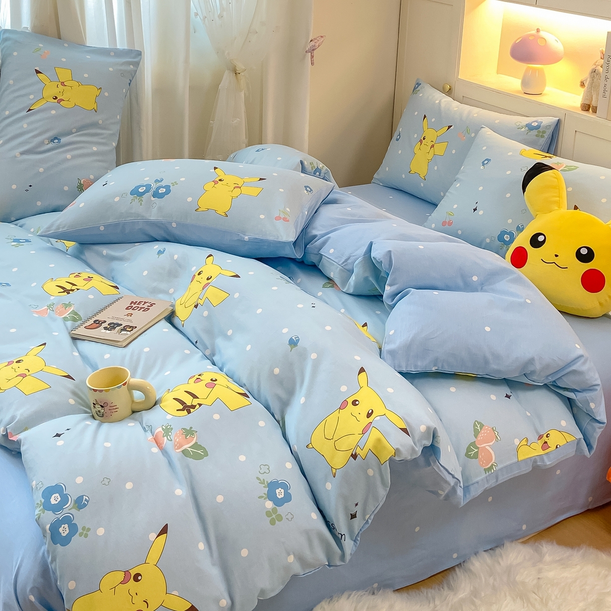 91家纺网 家纺一手货源 找家纺 博雅 2025新款宝可梦皮卡丘成人床正版授权全棉四件套 蓝色点点皮卡丘
