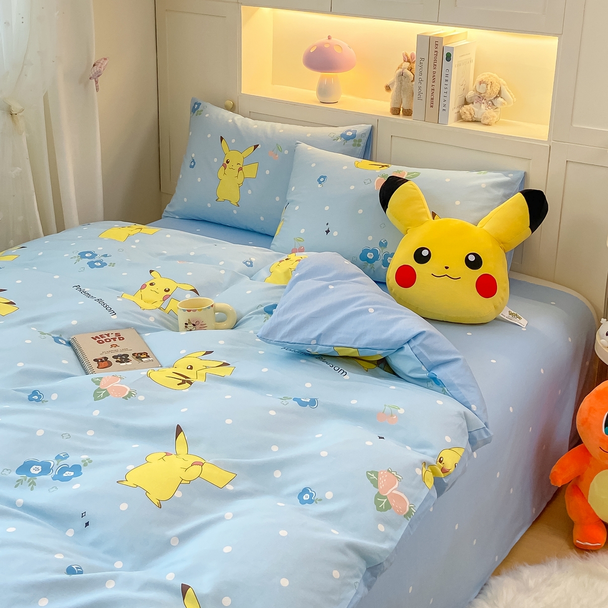 91家纺网 家纺一手货源 找家纺 博雅 2025新款宝可梦皮卡丘成人床正版授权全棉四件套 蓝色点点皮卡丘
