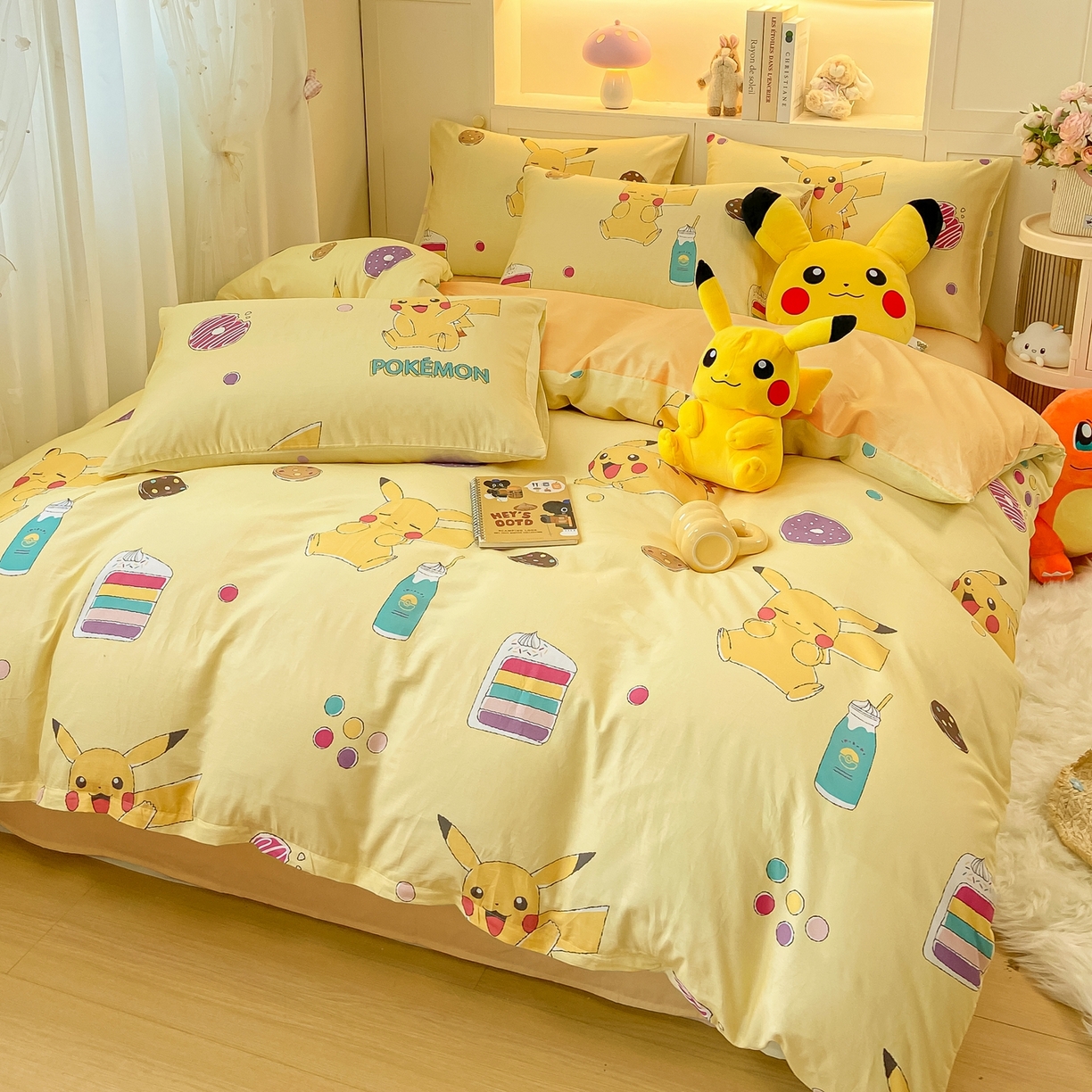 91家纺网 家纺一手货源 找家纺 博雅 2025新款宝可梦皮卡丘成人床正版授权全棉四件套 零食皮卡丘
