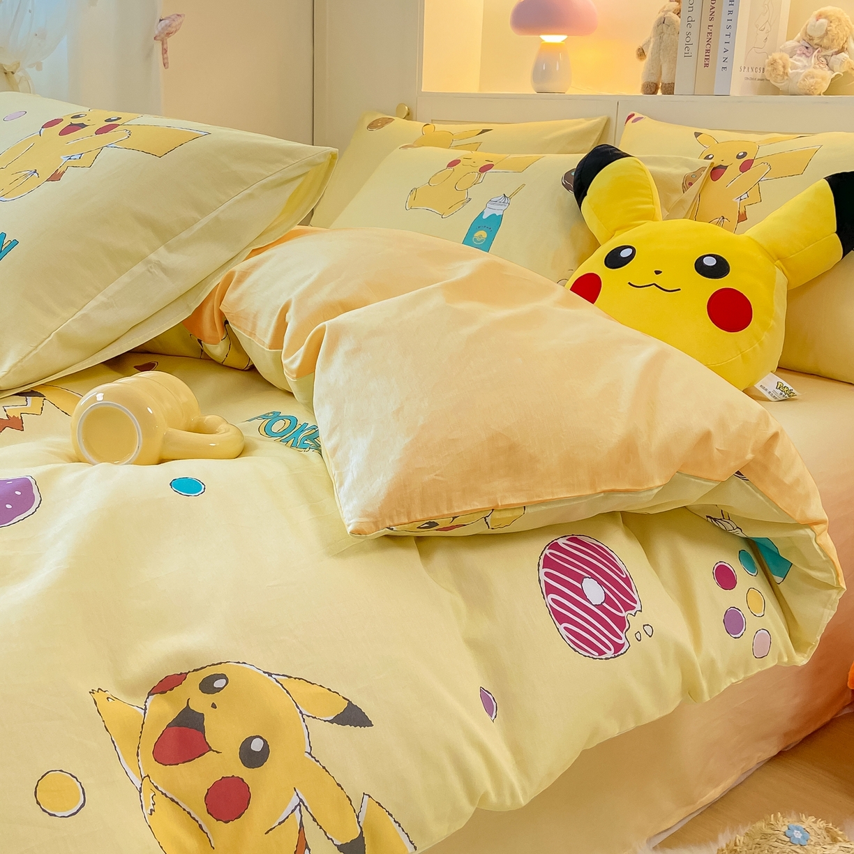 91家纺网 家纺一手货源 找家纺 博雅 2025新款宝可梦皮卡丘成人床正版授权全棉四件套 零食皮卡丘