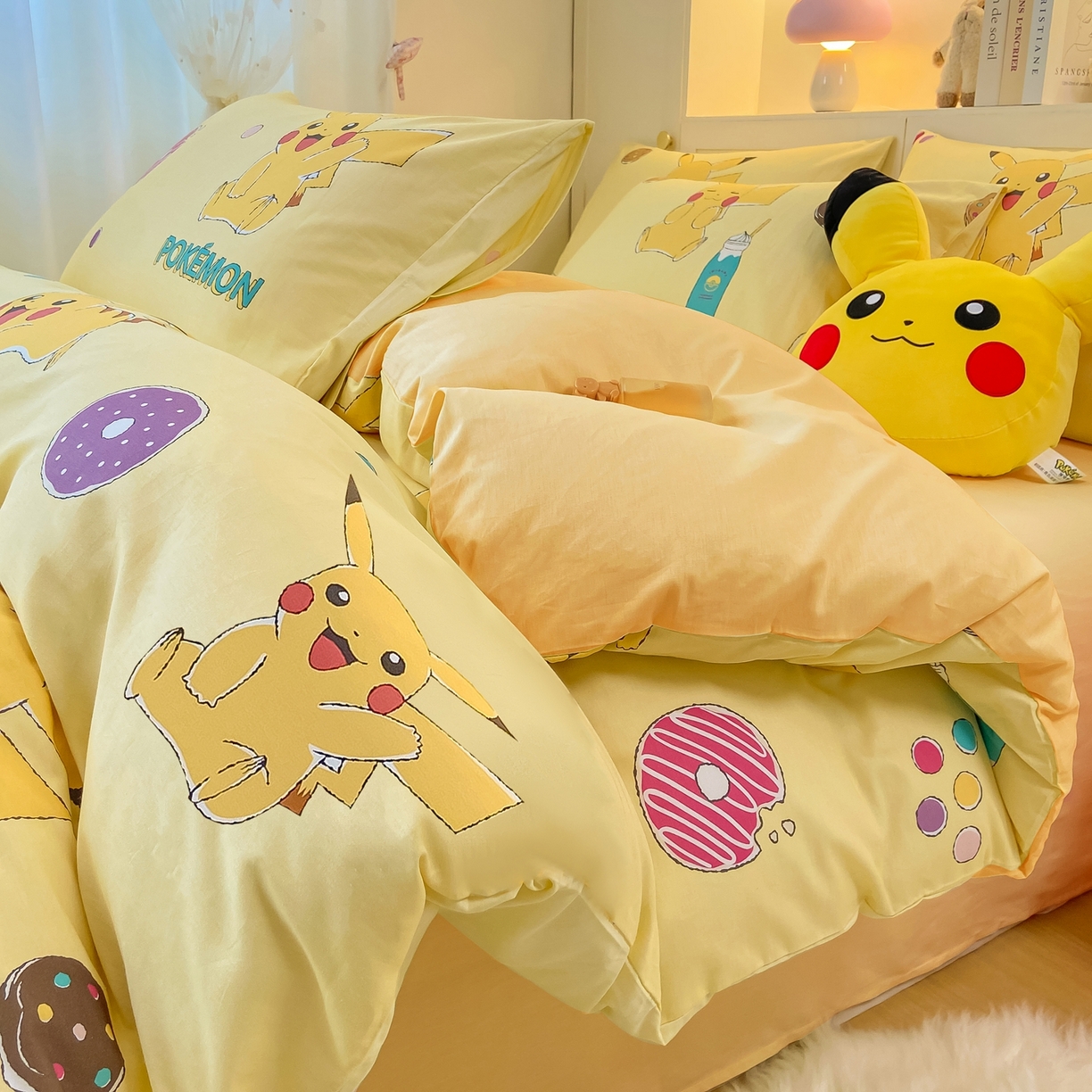 91家纺网 家纺一手货源 找家纺 博雅 2025新款宝可梦皮卡丘成人床正版授权全棉四件套 零食皮卡丘