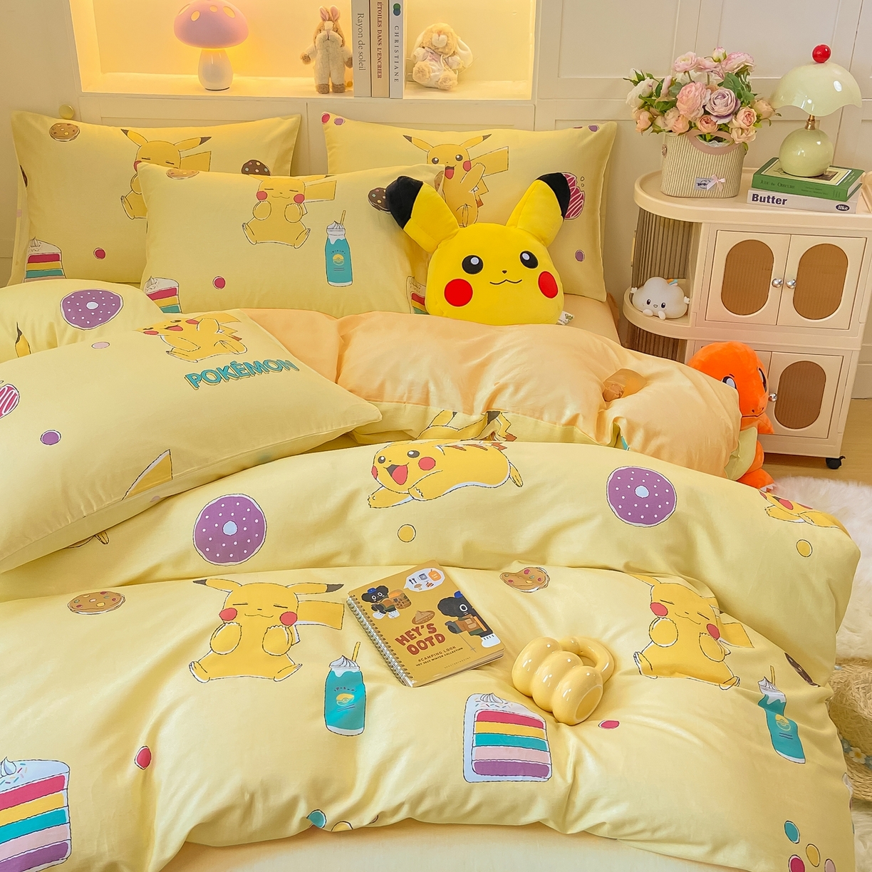 91家纺网 家纺一手货源 找家纺 博雅 2025新款宝可梦皮卡丘成人床正版授权全棉四件套 零食皮卡丘