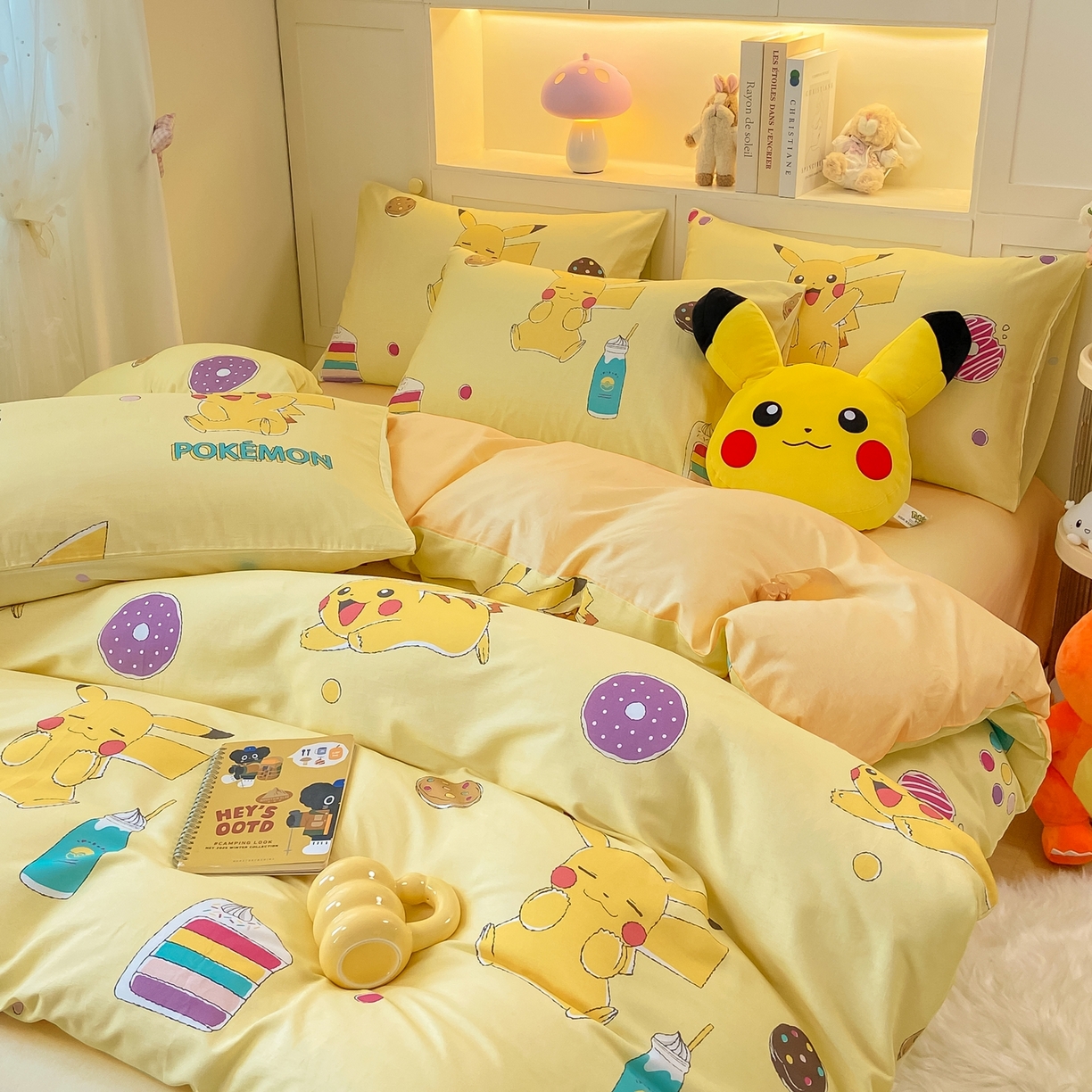 91家纺网 家纺一手货源 找家纺 博雅 2025新款宝可梦皮卡丘成人床正版授权全棉四件套 零食皮卡丘