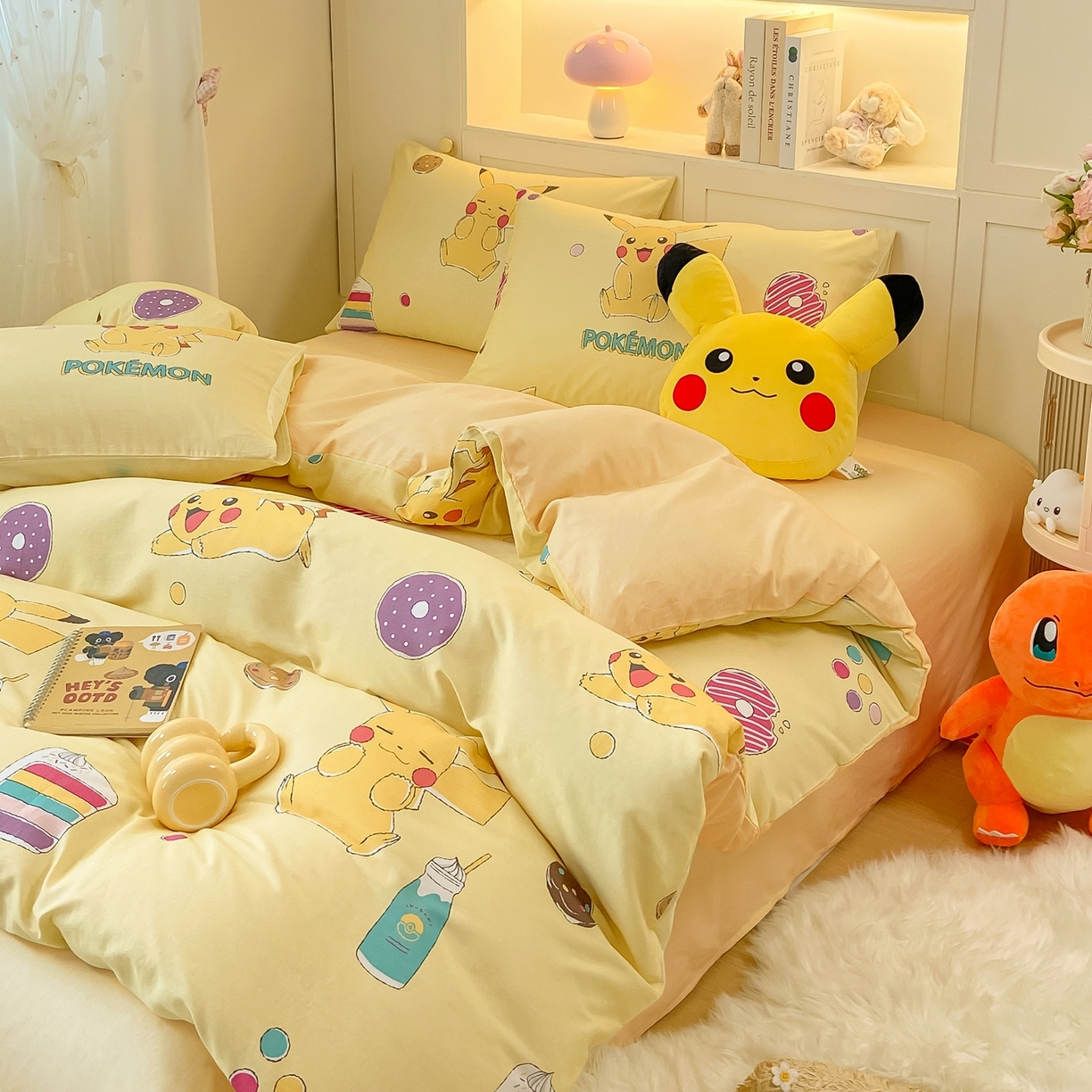 91家纺网 家纺一手货源 找家纺 博雅 2025新款宝可梦皮卡丘成人床正版授权全棉四件套 零食皮卡丘