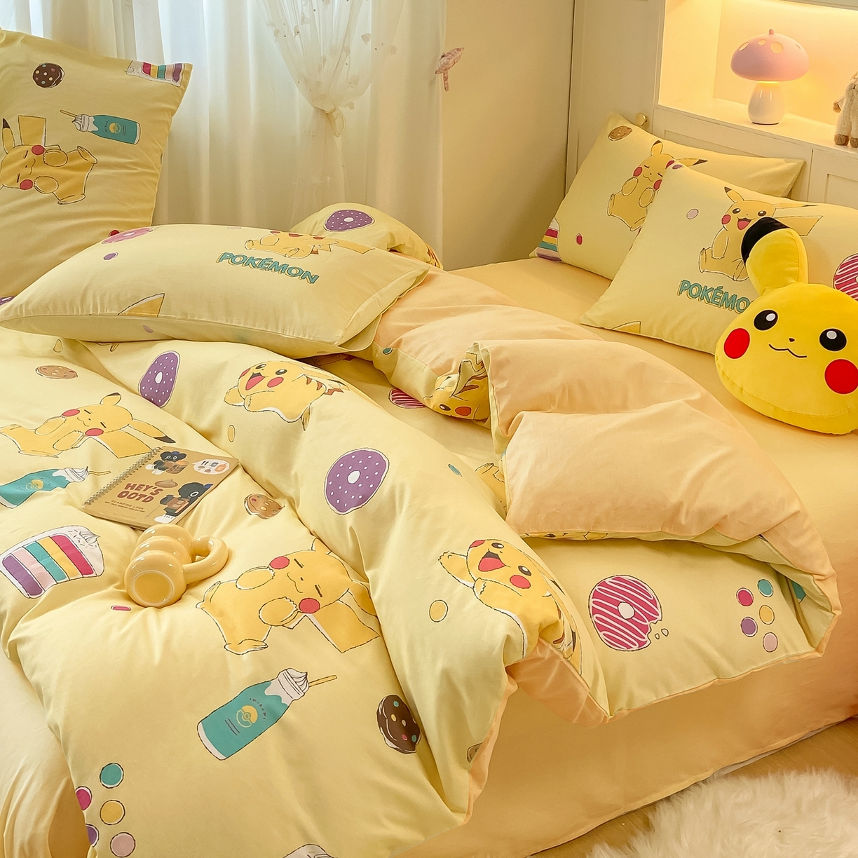 91家纺网 家纺一手货源 找家纺 博雅 2025新款宝可梦皮卡丘成人床正版授权全棉四件套 零食皮卡丘