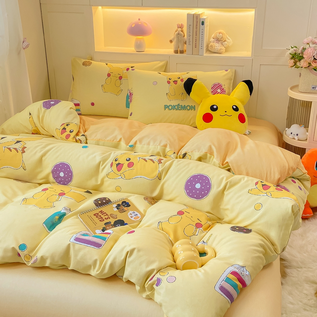 91家纺网 家纺一手货源 找家纺 博雅 2025新款宝可梦皮卡丘成人床正版授权全棉四件套 零食皮卡丘