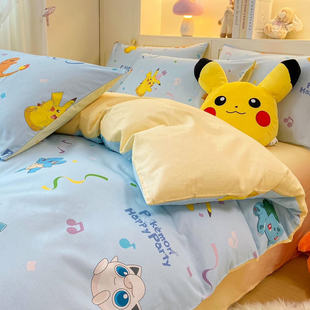 91家纺网 家纺一手货源 找家纺 博雅 2025新款宝可梦皮卡丘成人床正版授权全棉四件套 喷火龙与皮卡丘