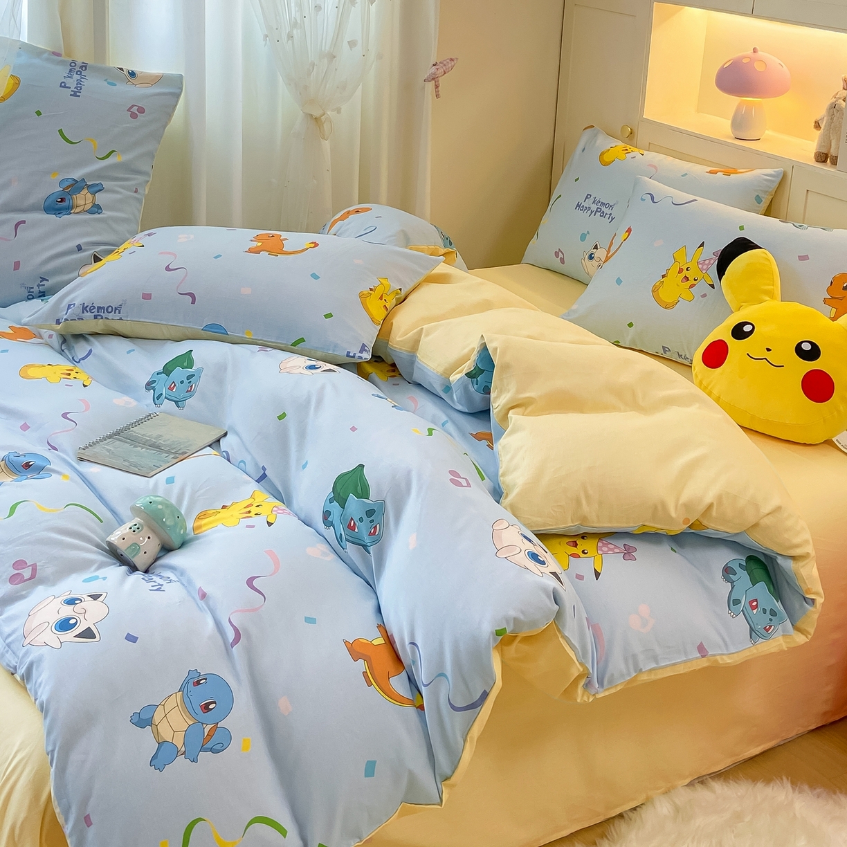 91家纺网 家纺一手货源 找家纺 博雅 2025新款宝可梦皮卡丘成人床正版授权全棉四件套 喷火龙与皮卡丘